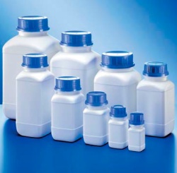Бутыль Kautex широкогорлая 1000 мл, HDPE, квадратная, Ø 54 мм, белый цвет, без крышки, с допуском ООН для твердых веществ