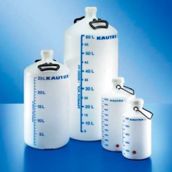 Бутыль Kautex толстостенная 10 л, HDPE, круглая, с синей градуировкой, Ø 50 мм, естественный цвет, с ручкой и крышкой, с резьбовым соединением