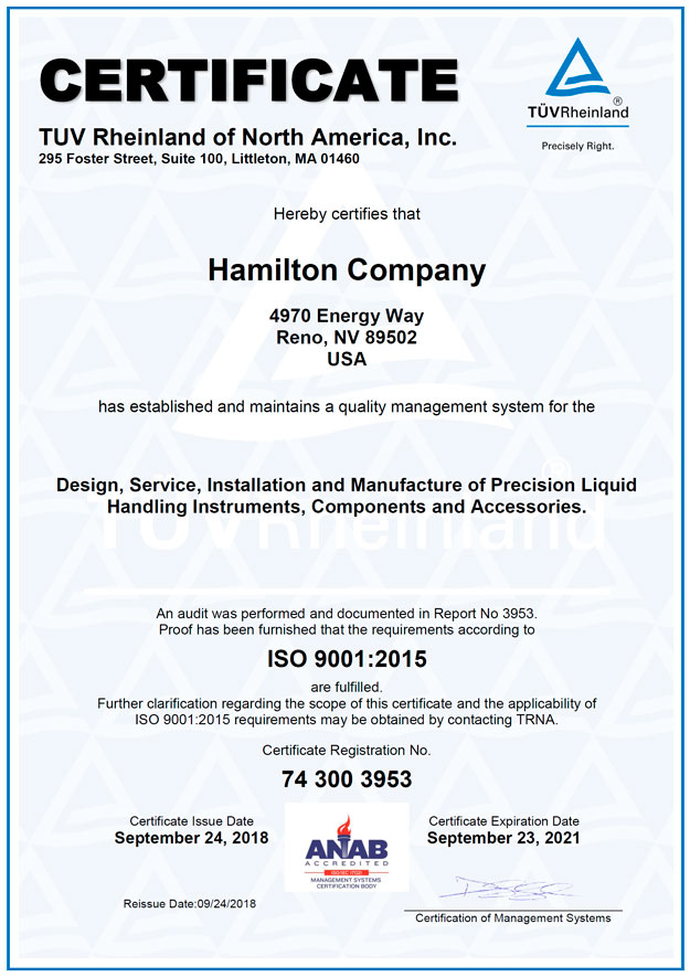 Сертификат Hamilton ISO 9001:2015 Сертификат Hamilton ISO 9001:2015