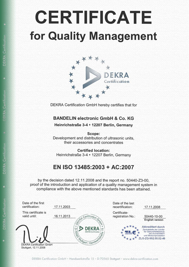 Сертификат Bandelin ISO 13485:2003 + AC:2007 Сертификат Bandelin ISO 13485:2003 + AC:2007