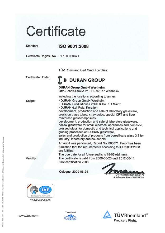Сертификат DURAN Group ISO 9001:2008 Сертификат DURAN Group ISO 9001:2008