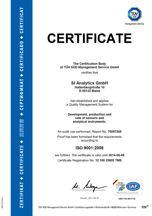 Сертификат SI Analytics ISO 9001:2008 Сертификат SI Analytics ISO 9001:2008