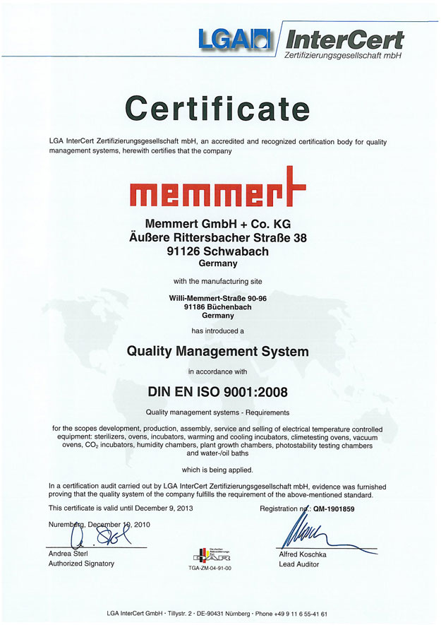 Сертификат Memmert ISO 9001:2008 Сертификат Memmert ISO 9001:2008