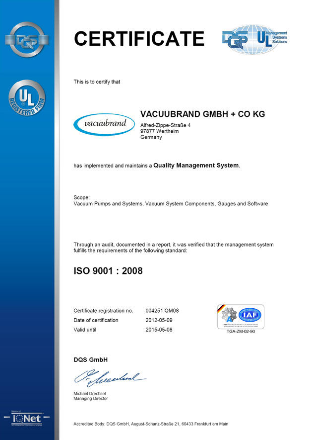 Сертификат Vacuubrand ISO 9001:2008 Сертификат Vacuubrand ISO 9001:2008