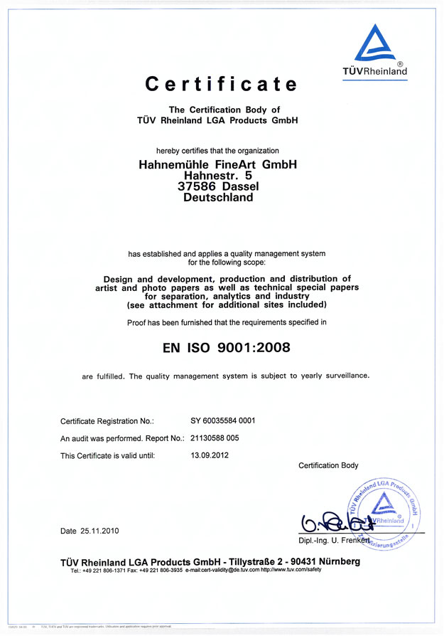Сертификат Hahnemühle ISO 9001:2008 Сертификат Hahnemühle ISO 9001:2008