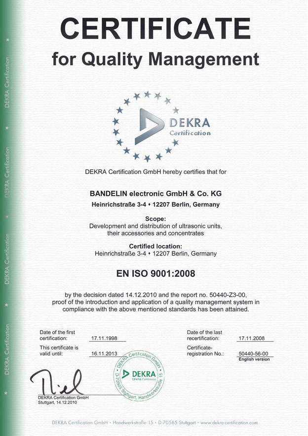 Сертификат Bandelin ISO 9001:2008 Сертификат Bandelin ISO 9001:2008